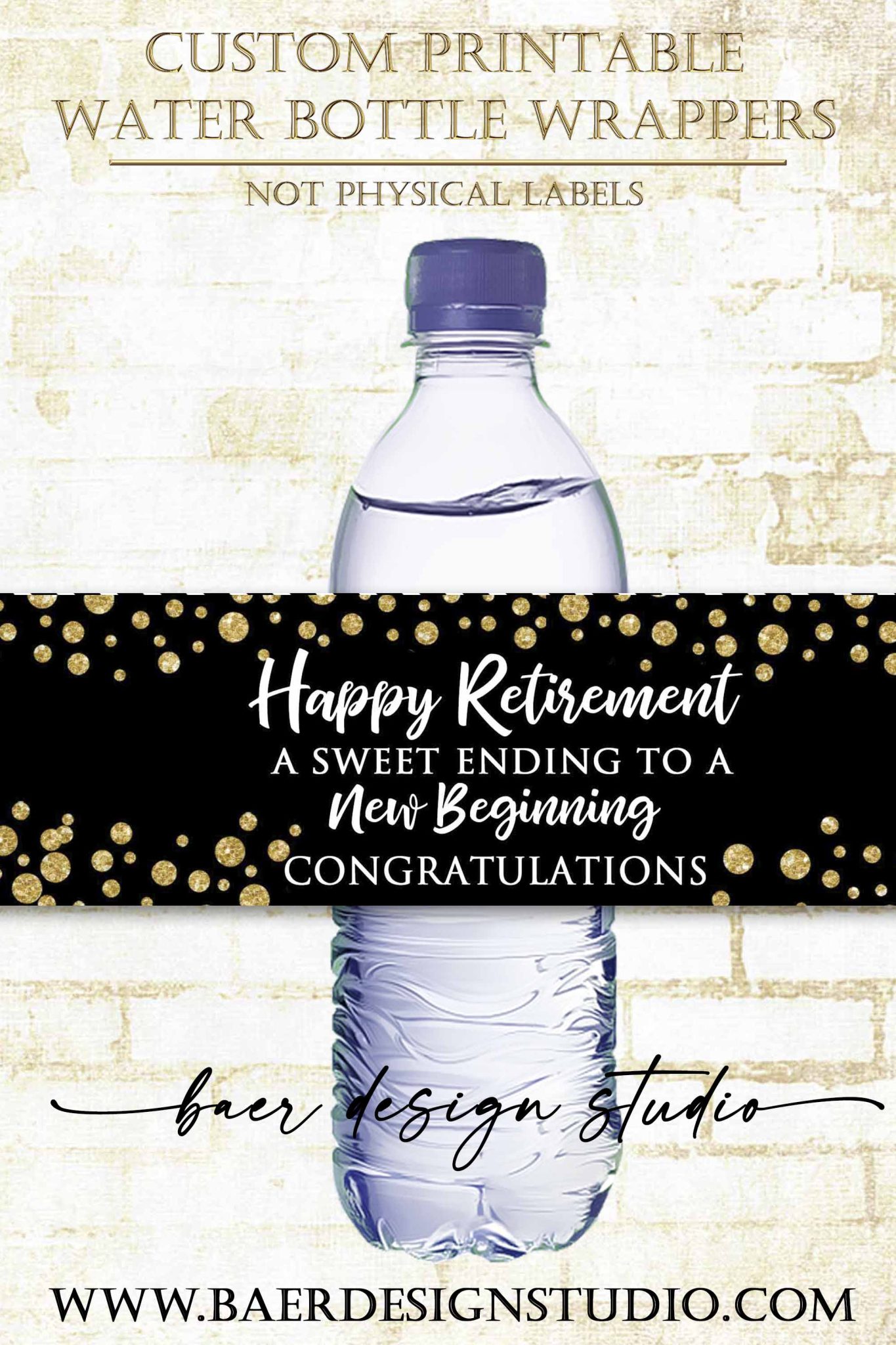 Retirement Water Bottle Labels Easy black and gold printable water