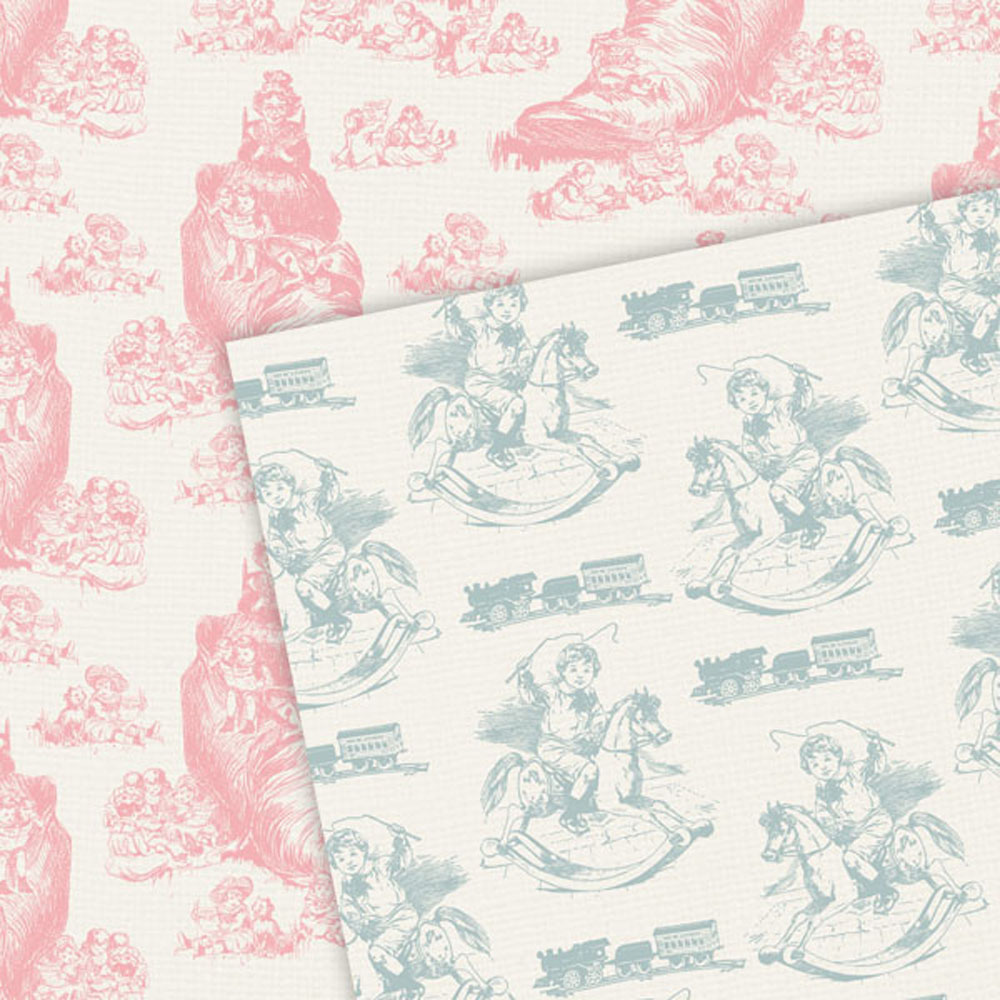 Toile Patterns:Pink, Blue, Ivory Toile Digital Scrapbook Paper