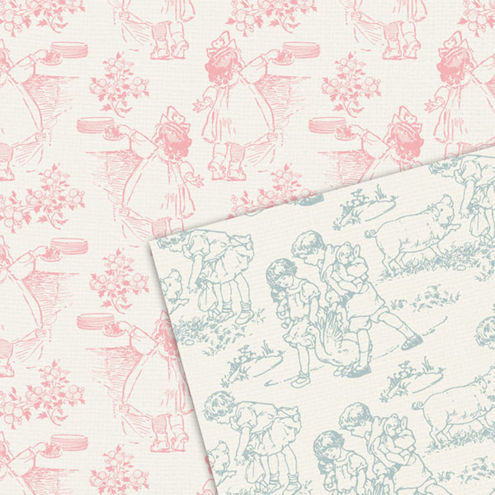 Toile Patterns:Pink, Blue, Ivory Toile Digital Scrapbook Paper Background -  Baer Design Studio