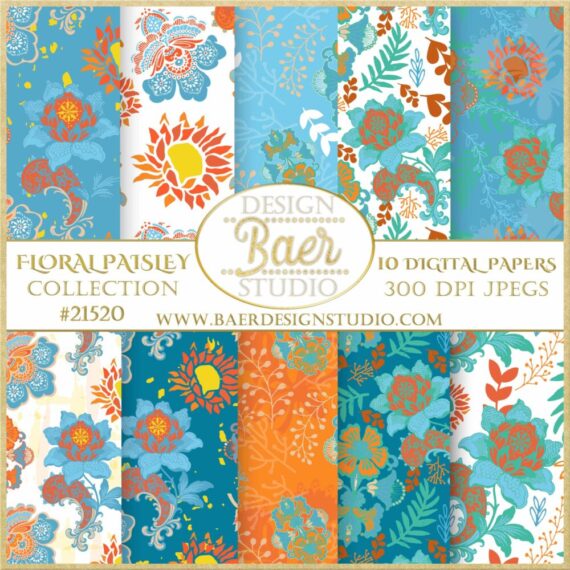 Turquoise and Orange Paisley Digital Paper
