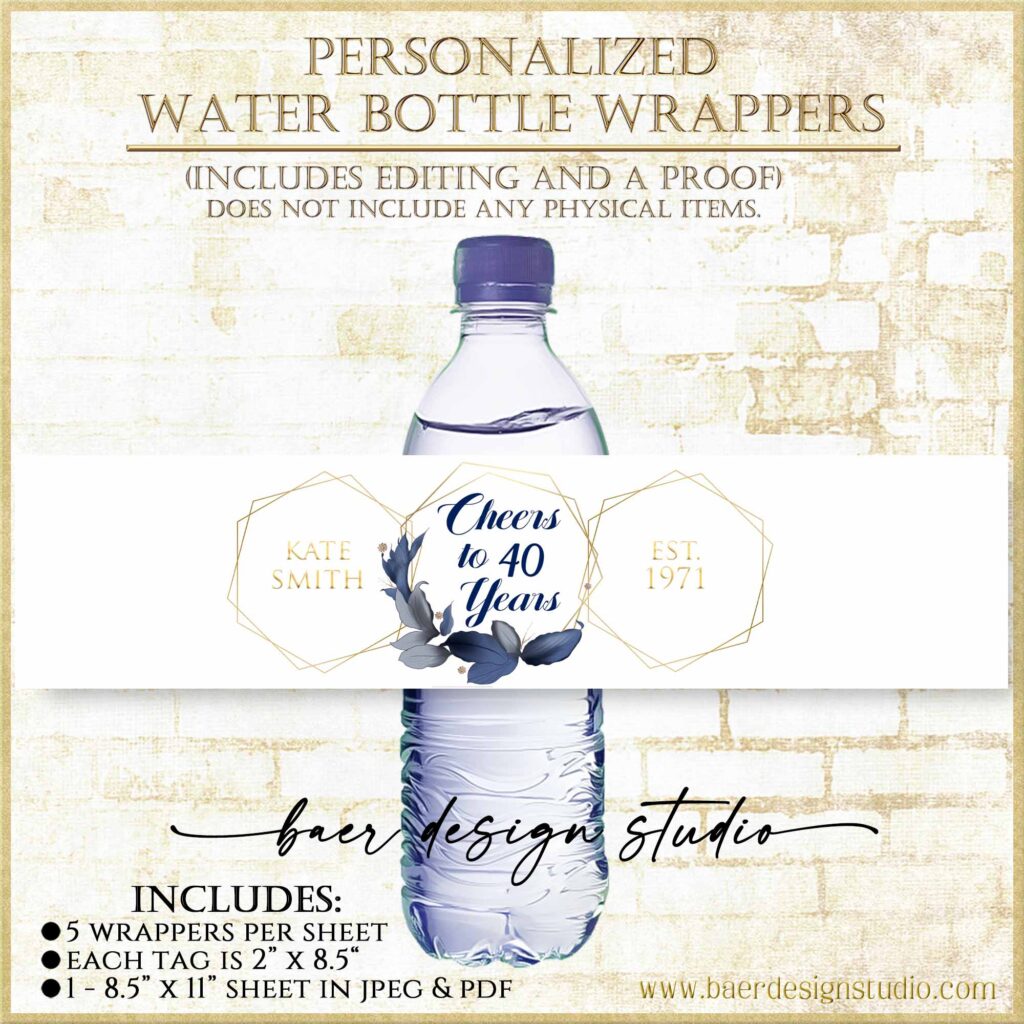Blue Floral Water Bottle Labels