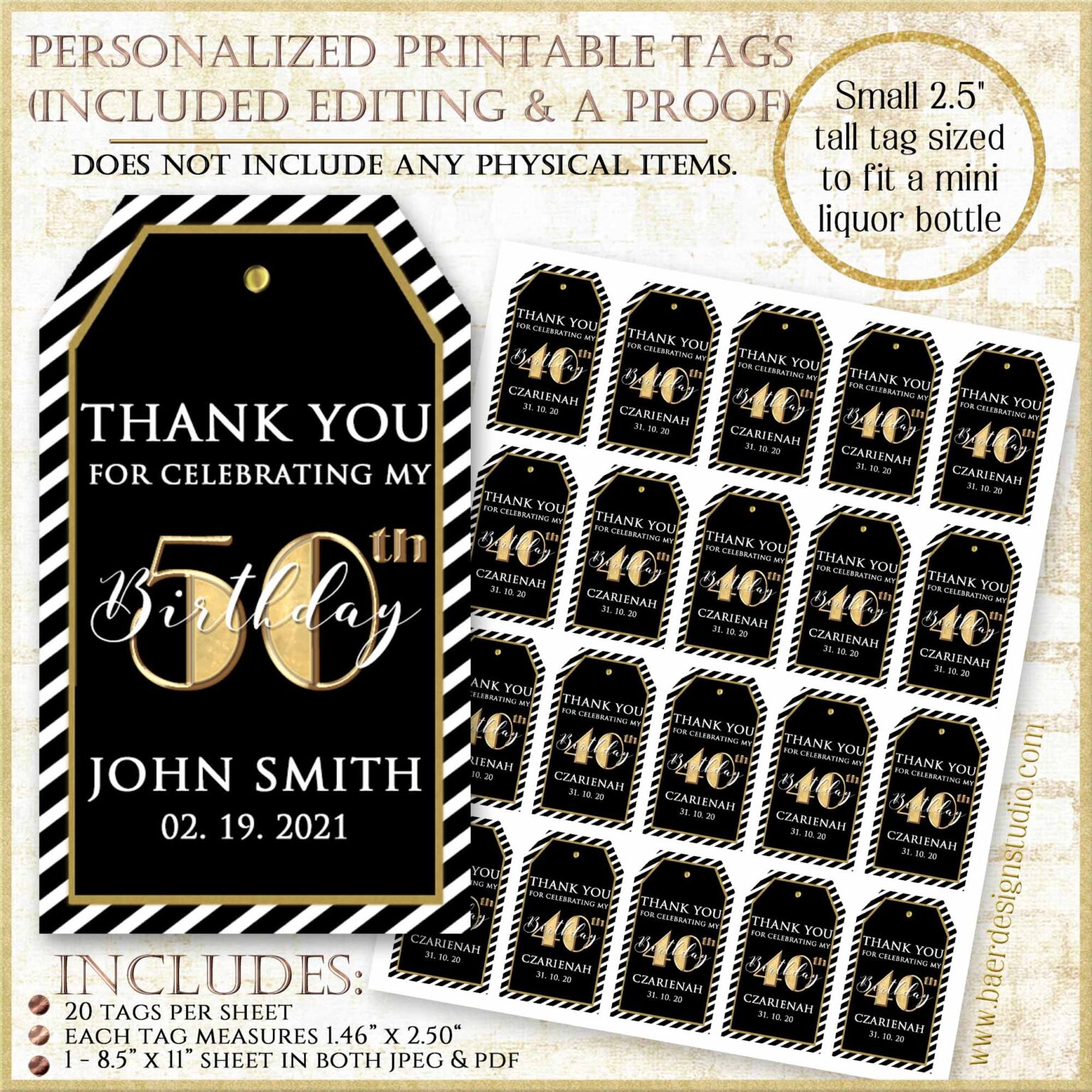 NEW Black and Gold Mini Liquor Bottle Tags, Printable Party Favor Tags, 102520 - Baer Design Studio