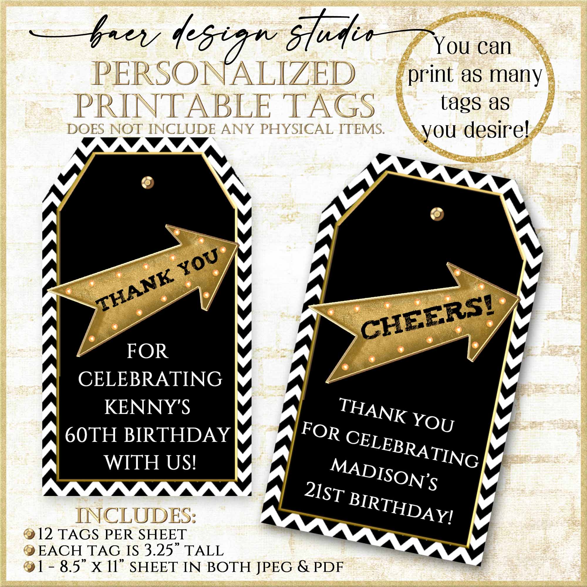 NEW Prosecco Party Favors Printable Thank You Tags:Easy Personalized Tags,  11921 - Baer Design Studio