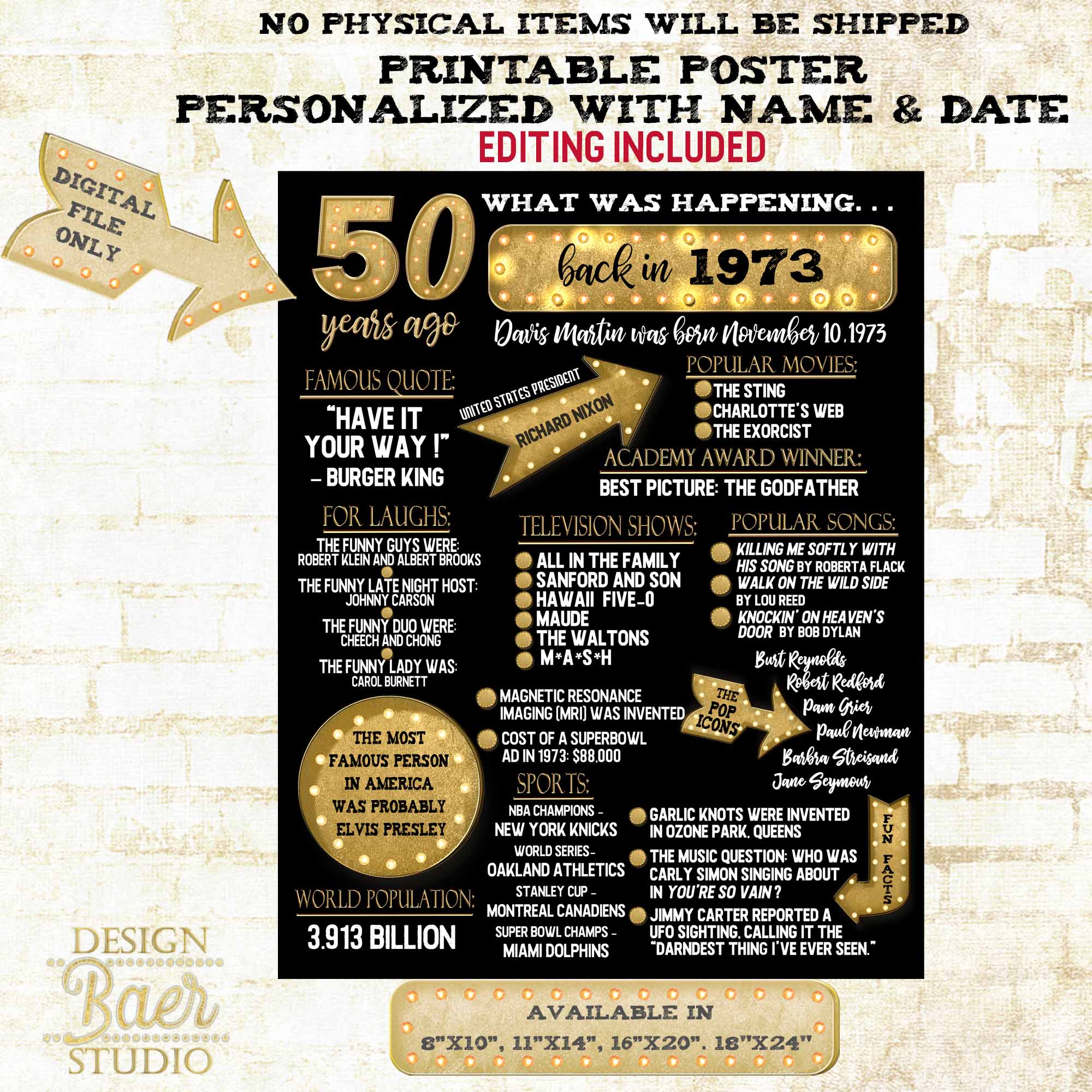 50th Birthday Poster Ideas:1973 Fun Facts Poster, 50th Birthday