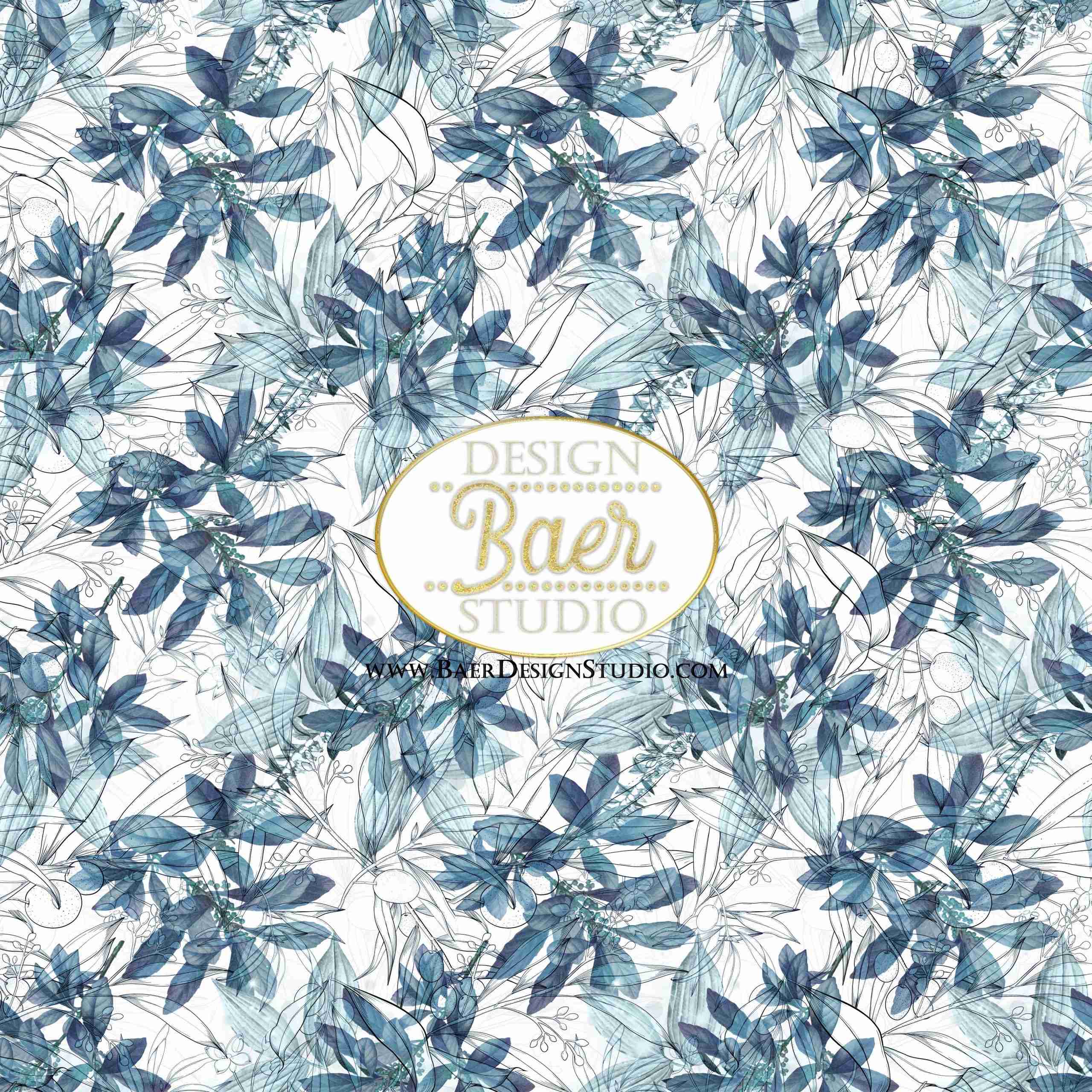 NEW Dusty Blue Floral Seamless Paper, Blue and Gold Leaf Digital Paper Pack  7122 - Baer Design Studio