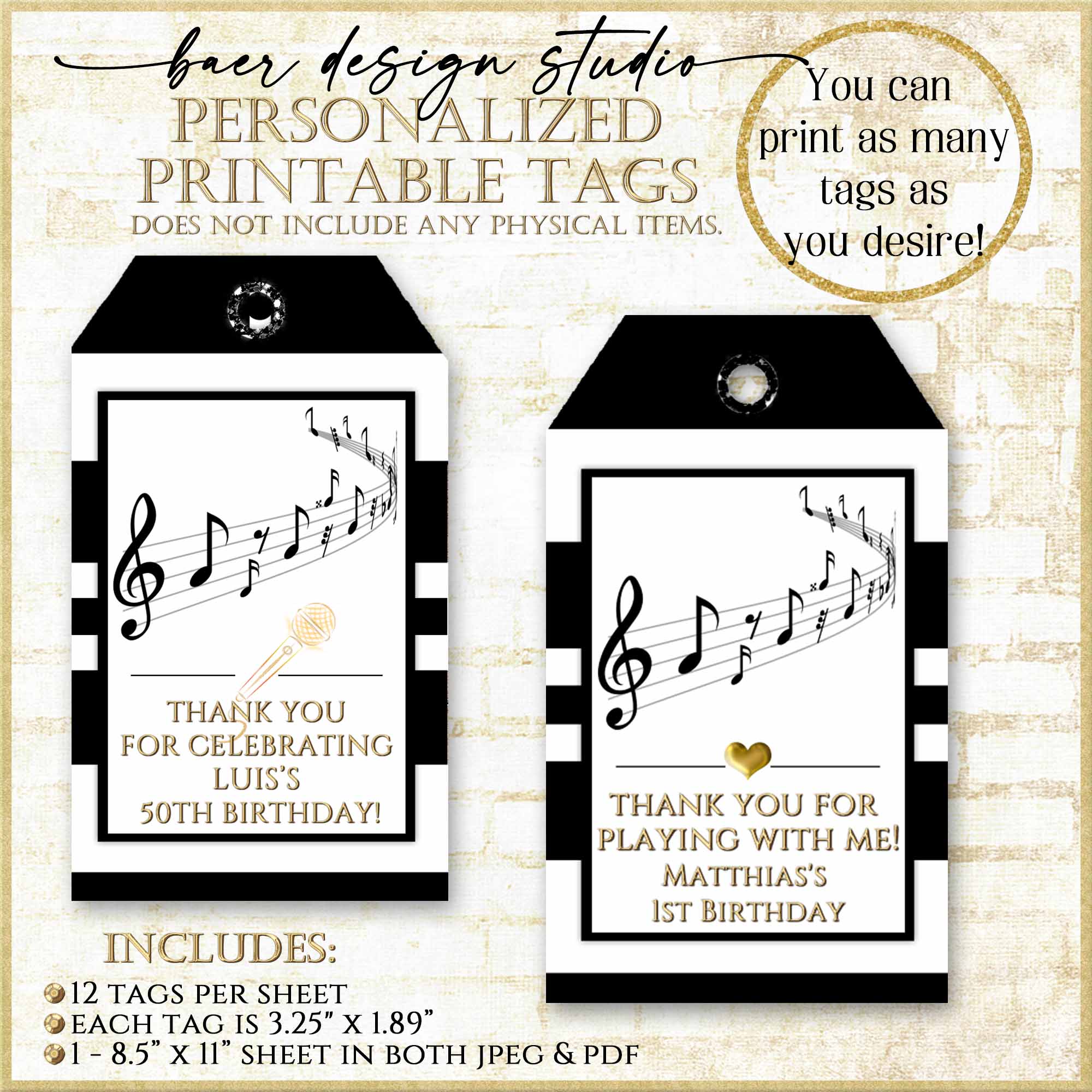 Thank you tags music themed party favor printable - Baer Design Studio
